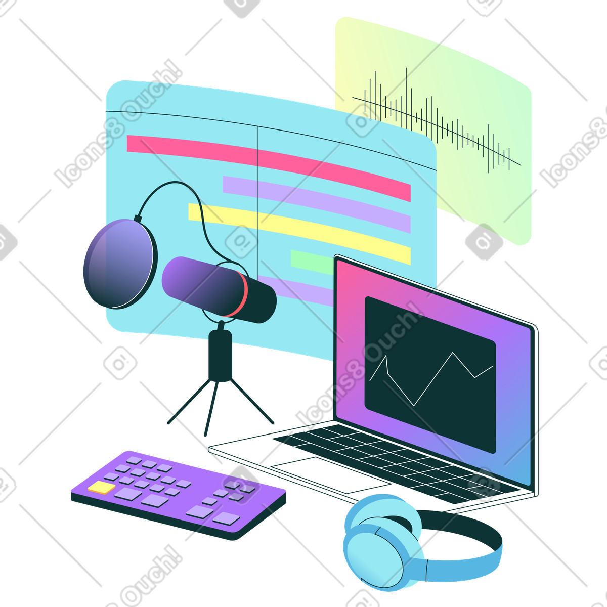 Illustration Enregistrer un podcast en studio dans le style Florid à télécharger aux formats PNG, SVG