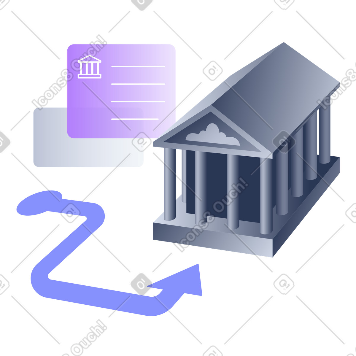 Classical museum building with an info card and directional arrow, Cultural institution interactive tour path, digital navigation visitor guide illustration in Lucent style download in PNG, SVG