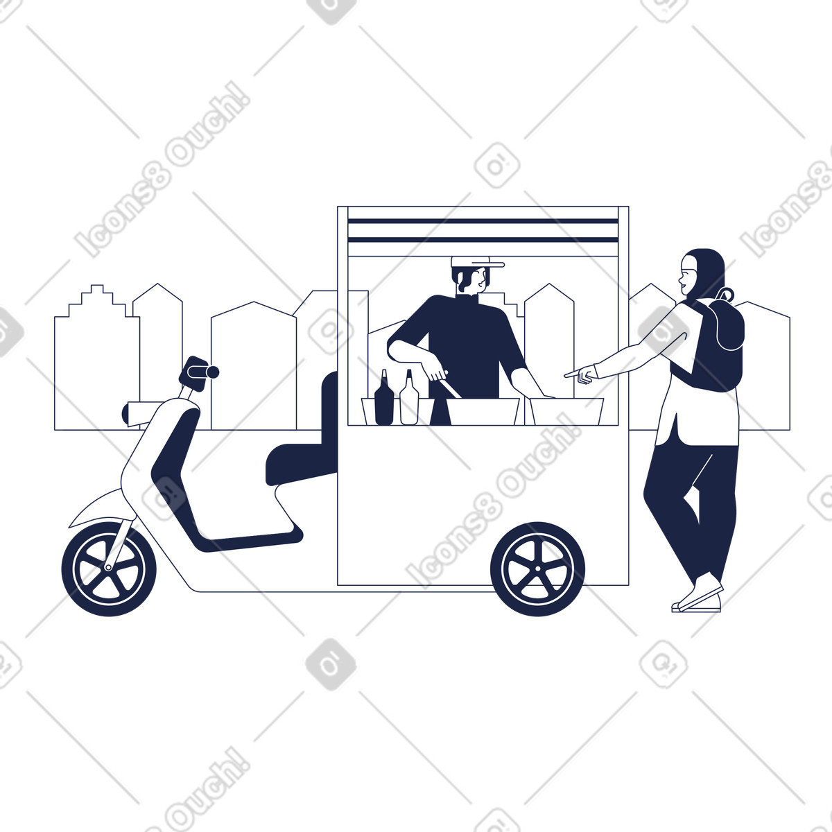 La donna in hijab e con lo zaino acquista cibo al chiosco di fast food su scooter illustrazione stile Urban Line scarica PNG, SVG