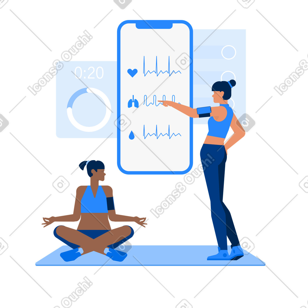Urban スタイルの Yoga and stretching with health trackers, monitoring activity analytics のイラストをPNG、SVG形式でダウンロード