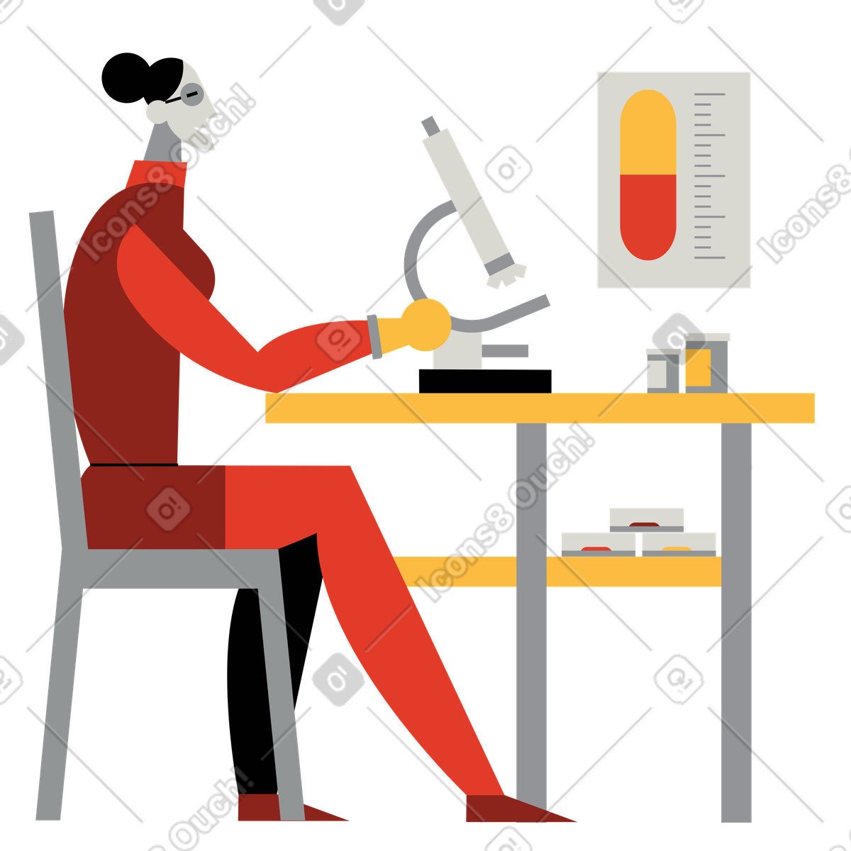 Illustration Pharmacien travaillant avec un microscope dans le style Burgundy à télécharger aux formats PNG, SVG