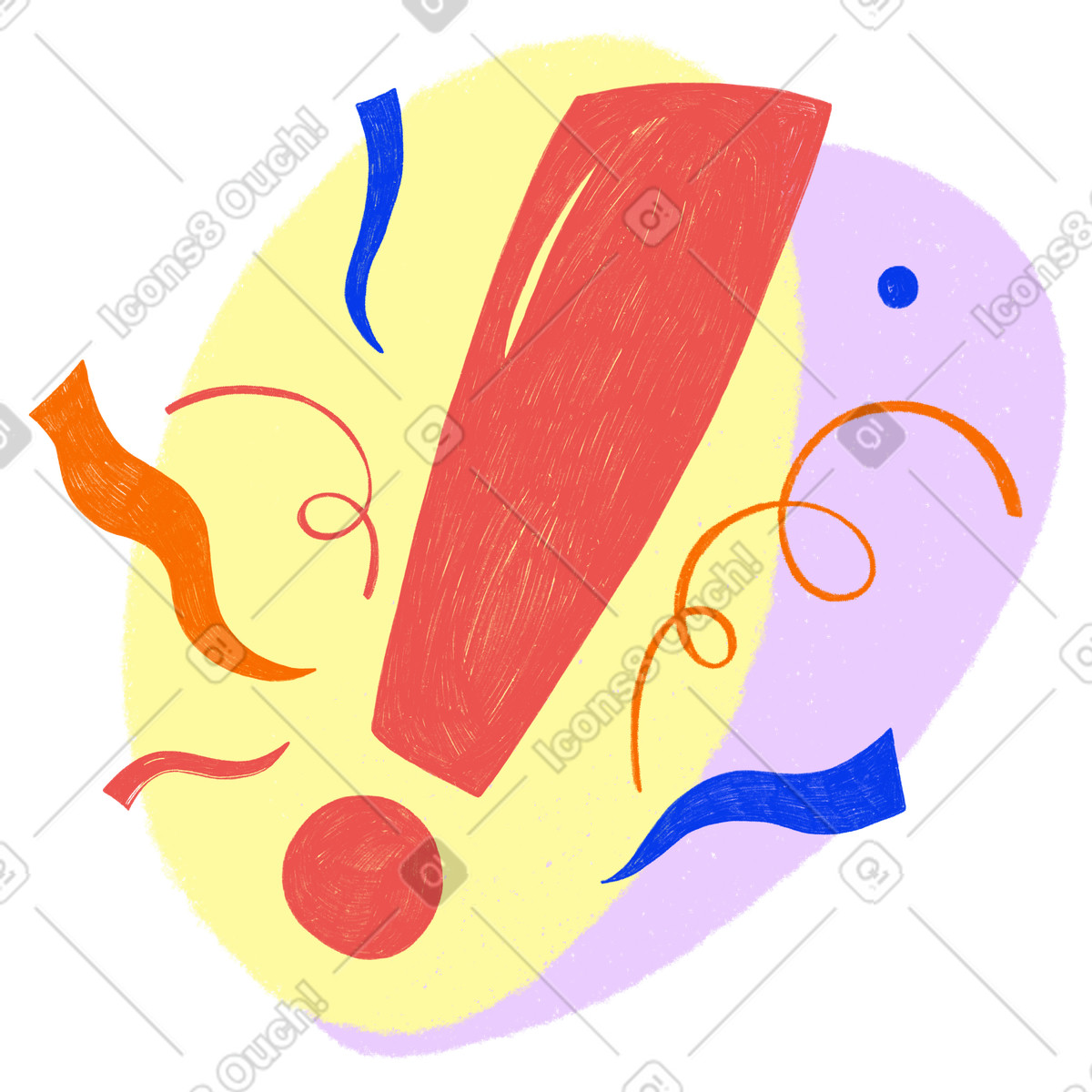 Red exclamation point among the confetti-Illustration im Biro-Stil als Download in PNG, SVG