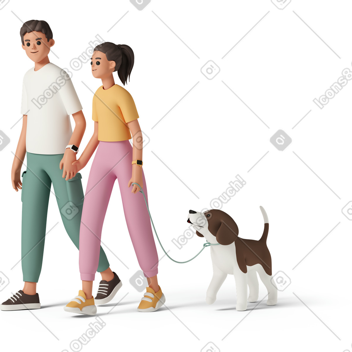 3D Casual life 스타일의 Young couple walking with dog 일러스트레이션 PNG, SVG 다운로드