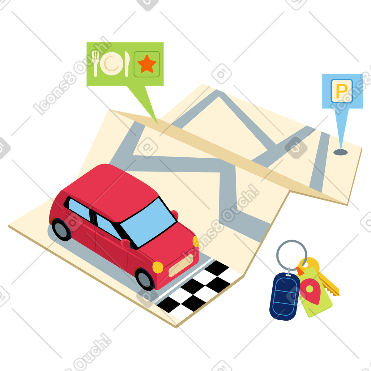 Red car on map with route pins, Travel planning and road trip navigation illustration in Catchy style download in PNG, SVG