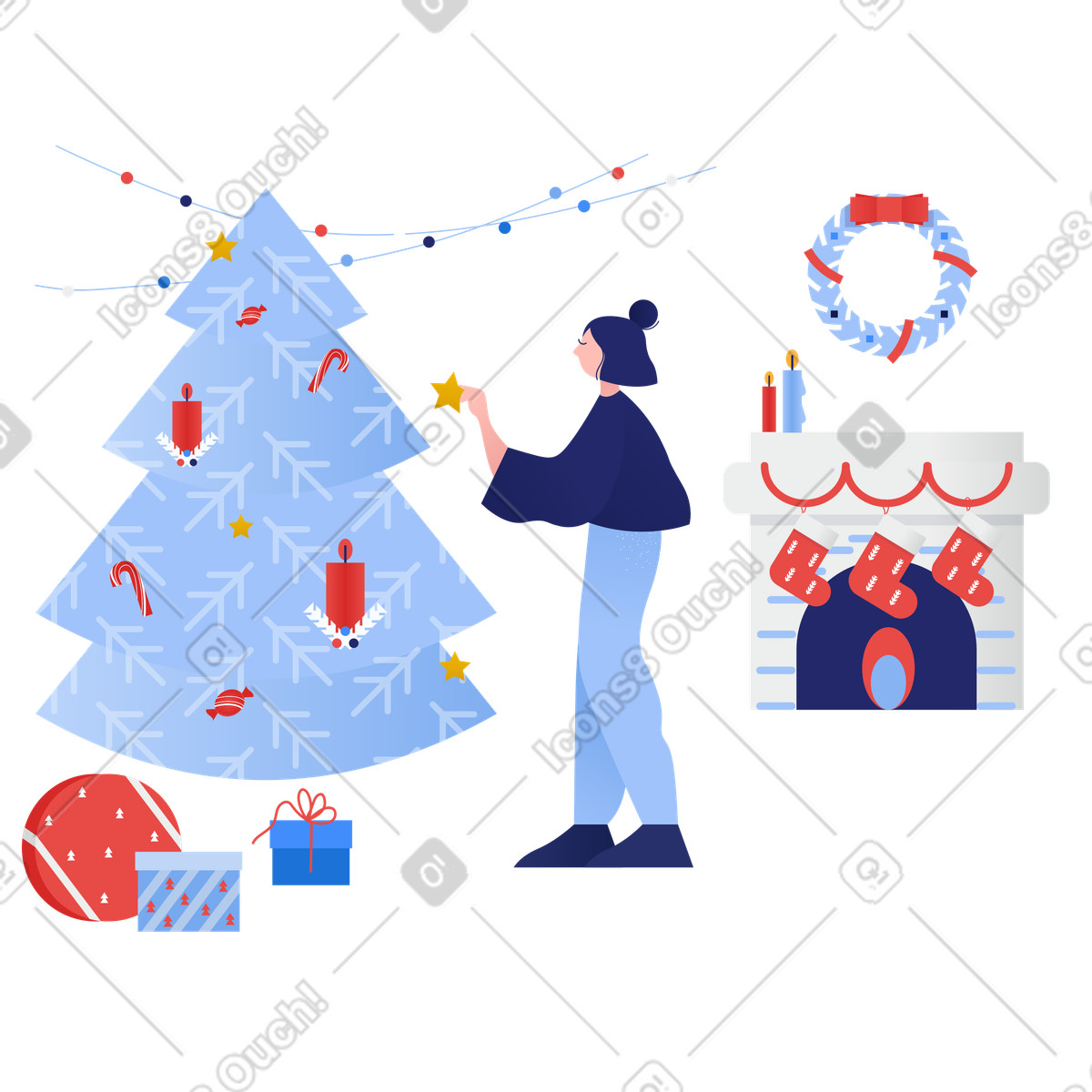 Clip 스타일의 Festive living room with Christmas tree and fireplace, Holiday home decoration 일러스트레이션 PNG, SVG 다운로드