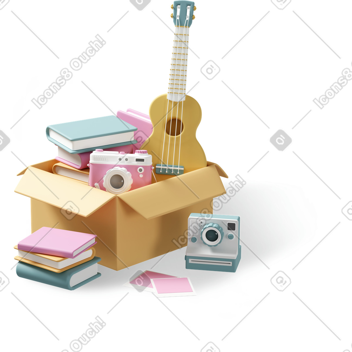 Moving box with cameras, guitar and books illustration in 3D Casual life style download in PNG, SVG