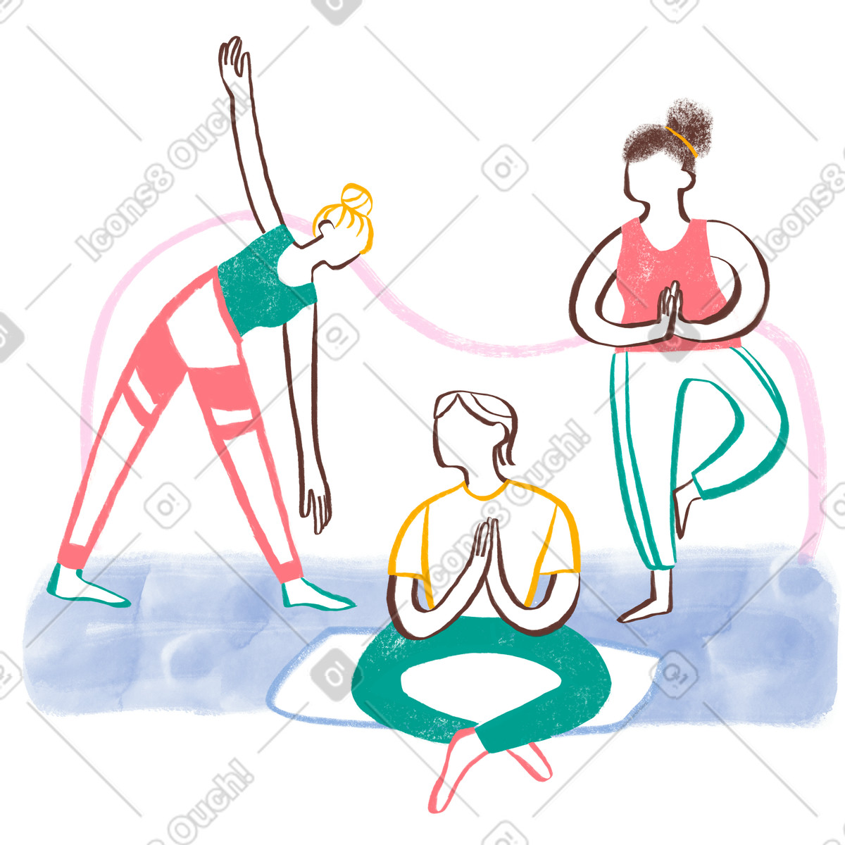 Illustration Three people doing yoga dans le style Company à télécharger aux formats PNG, SVG