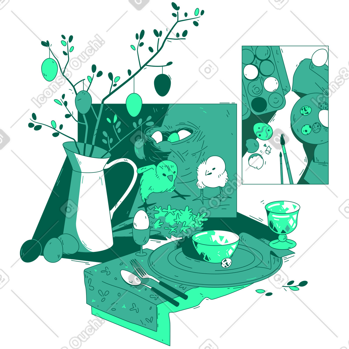 Estetica pasquale, uova, pulcini, pezzi da portata illustrazione in stile Storyline scarica in PNG, SVG