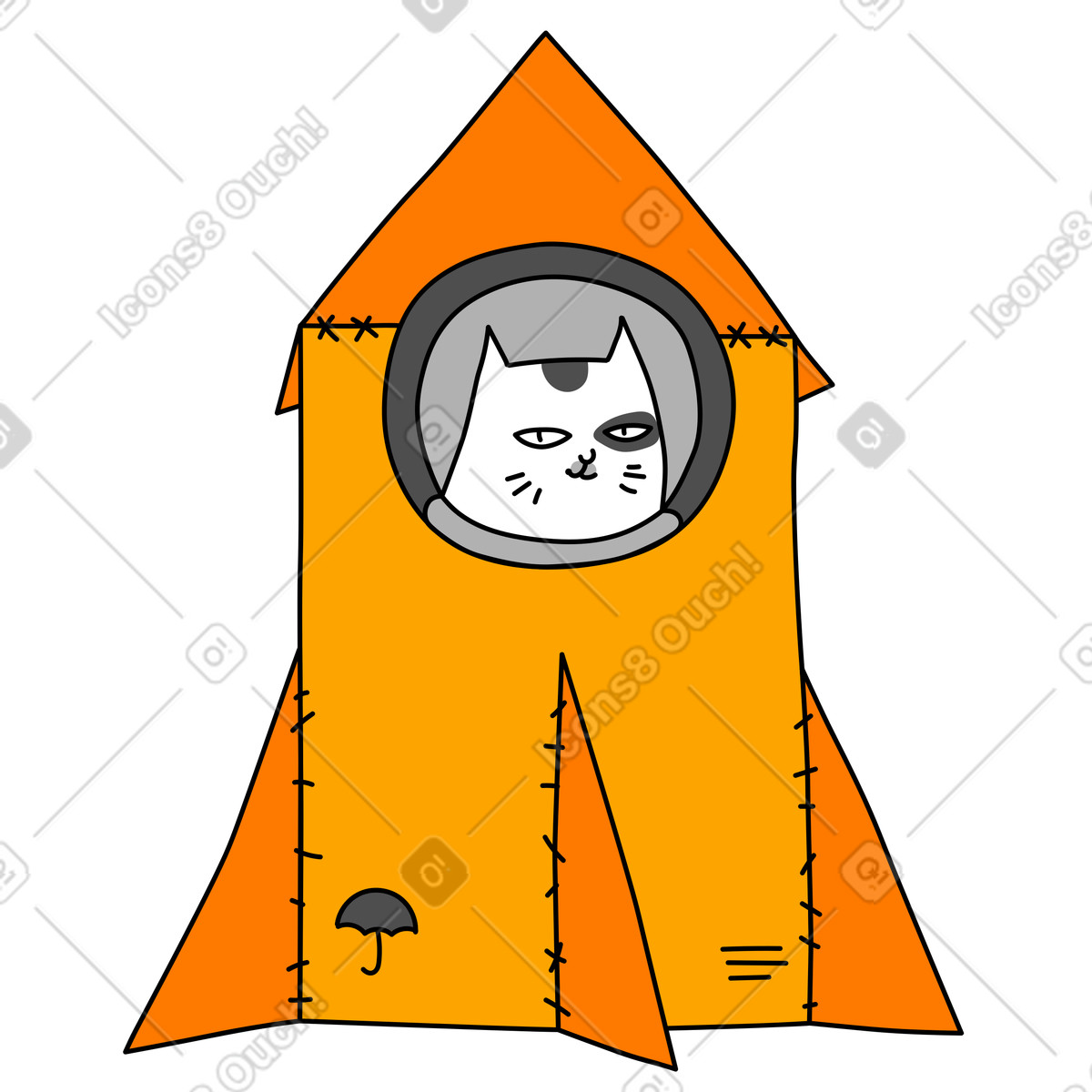 Katze sitzt in einer papprakete-Illustration im Purr-Stil als Download PNG, SVG
