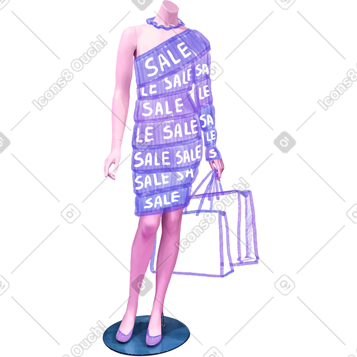 Manichino donna in abito con borse saldo illustrazione stile Marker scarica PNG, SVG