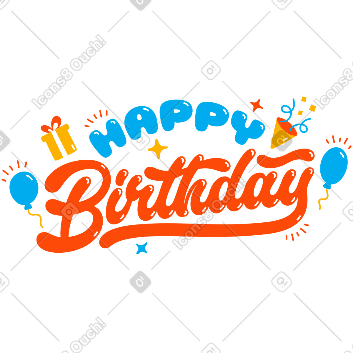 Lettering buon compleanno con palloncini e testo regalo illustrazione in stile scarica in PNG, SVG