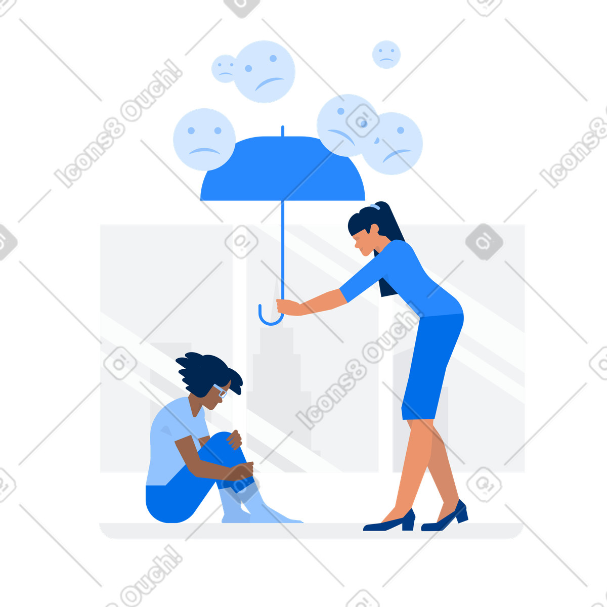 下载 Urban 风格的 Shielding depressed friend, Caring and empathy 插画，支持 PNG、SVG 格式