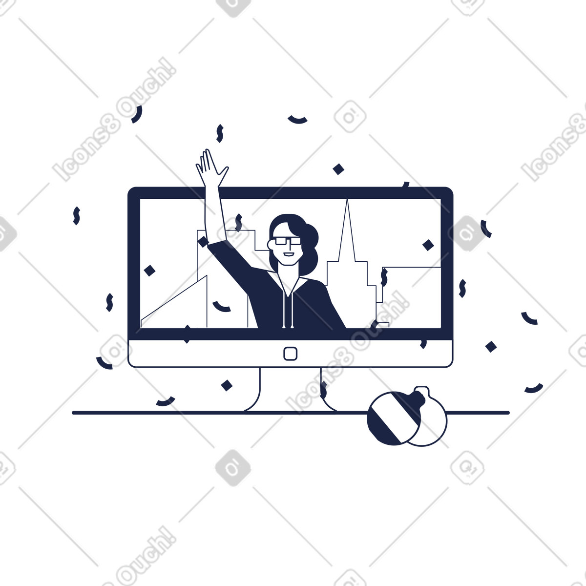 Ilustración New Year greetings via video call, Festive digital communication and virtual celebration en estilo Urban Line a descargar en PNG y SVG