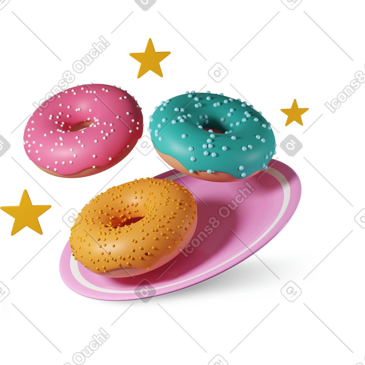 Donuts und sterne auf einem teller-Illustration im 3D Plastic people-Stil als Download in PNG, SVG