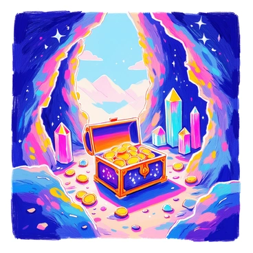 An enchanted cave is filled with large glowing crystals of various colors, casting radiant light across the rocky surfaces. The cave walls are jagged and uneven, with patches of moss clinging to them. In the center of the cave, a treasure chest made of dark wood and adorned with intricate metalwork is partially open, revealing glimmering gold coins and sparkling jewels inside. The floor of the cave is littered with small stones and scattered shards of crystal, adding to the magical atmosphere.