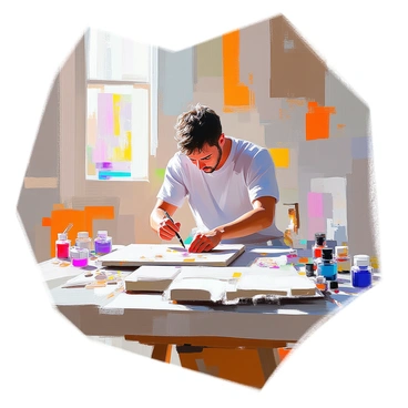 A portrait of a renowned lithography artist seated in their studio, surrounded by various tools and materials used for their craft. The artist has medium skin and short, curly hair, wearing a comfortable shirt covered with ink stains. They are focused on a large stone slab, with sketches and prints scattered around them. Sunlight streams through a window, illuminating the workspace filled with partially completed artwork and vibrant inks. The walls are adorned with framed prints and photographs of previous work, reflecting the artist's journey and accomplishments.