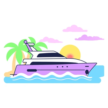 A luxury yacht is anchored off the coast of a tropical island. The yacht features sleek lines and a polished exterior, with large windows reflecting the sunlight. Surrounding the yacht, there are gentle waves lapping against the hull. The tropical island in the background boasts lush green palm trees swaying in the breeze, alongside sandy shores. In the distance, a vibrant sunset casts a warm glow across the sky, with clouds scattered and the horizon meeting the sea.