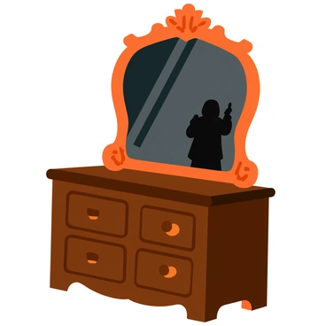 A vintage ornate mirror with intricate floral patterns along the edges. The mirror's glass has a slightly aged texture, creating a sense of nostalgia. In the reflection, there is a shadowy figure with indistinct features, standing just behind the viewer. The surrounding area is dimly lit, enhancing the mysterious presence of the figure. The mirror is positioned on a wooden dresser, with a soft, warm light illuminating the scene, casting gentle shadows around the room.