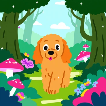 A fluffy labradoodle with golden curls walks through a magical forest filled with vibrant, oversized mushrooms and sparkling flowers. Sunlight filters through the dense canopy, creating dappled patterns on the ground. The trees are tall and winding, with trunks covered in luminescent moss. Small, whimsical creatures peek out from behind the foliage, adding a sense of wonder. The labradoodle looks curious, with its ears perked up and tongue hanging out, as it explores this enchanting scene.