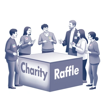 A group of diverse people gathered around a table, engaging in conversation while displaying excitement. Some individuals are reaching for raffle tickets, while others are holding small bundles of cash or coins in their hands. The table is adorned with a colorful banner that reads "Charity Raffle" in large, prominent letters. Several people are wearing badges, showing their support for the local charity. The setting is indoors, with soft lighting illuminating the community members as they come together for a good cause.
