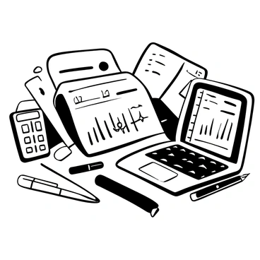 A tablet displaying a modern digital ledger with graphs and numerical data. Surrounding the tablet are various financial documents scattered around. A sleek laptop is positioned nearby, partially open, with a financial spreadsheet visible on the screen. There are a few pens and a calculator placed next to the tablet and documents, adding to the organized workspace scene.