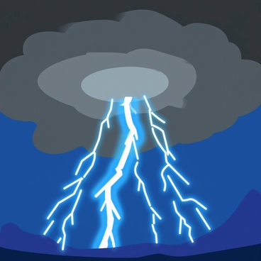 A dramatic scene depicting converging electric field lines in the air during a thunderstorm. The sky is filled with dark gray clouds, swirling ominously, and flashes of bright white light indicate the buildup of energy. The electric field lines are illustrated as bright, glowing lines in shades of blue and white, converging toward a central point in the sky. Raindrops can be seen falling, adding to the atmosphere of tension. In the distance, a jagged bolt of lightning is about to strike, illuminating the scene with an intense light.
