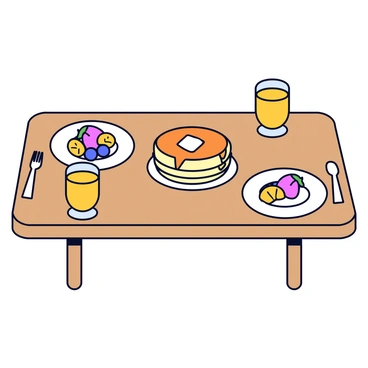 A wooden table is set for a weekend brunch. In the center of the table, there is a stack of three fluffy pancakes topped with a pat of melting butter and a drizzle of syrup. Surrounding the pancakes are various fresh fruits, including sliced strawberries, blueberries, and a few orange segments. Next to the pancakes, there are two glasses of bright orange juice, filled to the brim. The table is neatly arranged with white plates, forks, and napkins, ready for a delightful meal.