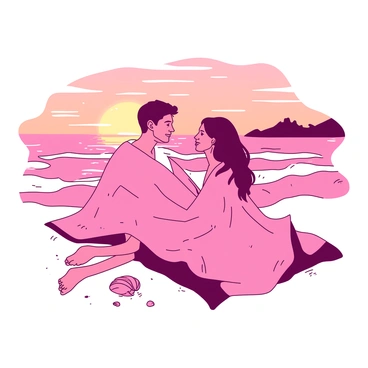 A couple is sitting on a beach during sunset, wrapped in a cozy blanket. The warm glow of the orange and pink sunset reflects on the gentle waves of the ocean. The man and woman are facing each other, with soft smiles as they engage in quiet conversation. Their bare feet are resting in the warm sand, and a few seashells are scattered around them. The sky is filled with hues of orange and pink, creating a beautiful backdrop for their intimate moment.
