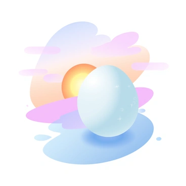 An egg is placed on a smooth surface, its shell reflecting hues of a beautiful sunset sky. The sunset displays vibrant colors, with gradients of orange, pink, and purple blending seamlessly. The light from the sunset casts soft shadows beside the egg, enhancing its round shape. Subtle textures on the egg's surface capture the warm colors of the sky, creating a harmonious visual effect. In the background, faint outlines of clouds are visible, absorbing the sunset's glow.