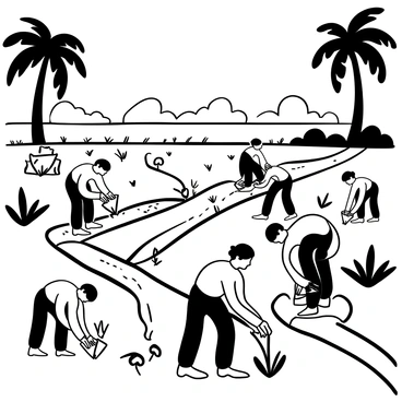 Farmers wearing traditional attire working diligently in lush green fields adjacent to the Ganges River. Some farmers are bending over, planting seedlings while others are using hand tools to cultivate the soil. A system of canals channels water from the Ganges, with clear water flowing through wooden channels directing irrigation across the fields. In the background, the silhouette of palm trees frames the scene, creating a natural setting. The river reflects the surrounding landscape, enhancing the texture of the illustration.