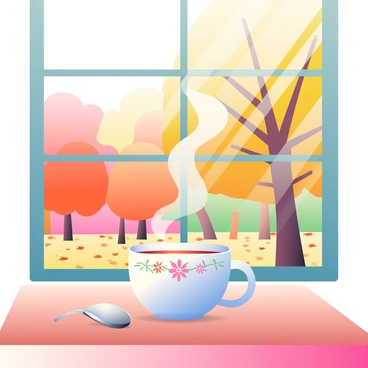A steaming cup of tea is placed on a wooden table. The cup is white with a delicate floral pattern around the rim. Wisps of steam are rising from the cup, creating a warm and inviting atmosphere. Next to the cup, there is a small silver spoon resting on the table. The table is positioned next to a large window with clear glass panes. Outside the window, a vibrant forest is visible, with trees displaying shades of orange, red, and yellow, as they are surrounded by a carpet of fallen leaves. Sunlight filters through the branches, casting gentle shadows on the table.