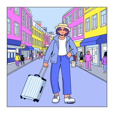 A person is walking along a vibrant city street filled with colorful buildings and lively storefronts. The street is bustling with pedestrians and vehicles. Beside the person is a Rimowa suitcase, which has a sleek, metallic finish and distinctive grooves. The person is dressed casually, wearing a comfortable outfit suitable for exploration. The atmosphere is energetic, with sunlight casting shadows on the pavement.