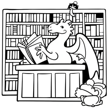 A large dragon with detailed scales and large wings stands behind a wooden library counter filled with books. The dragon is wearing a small pair of spectacles perched on its snout. Shelves filled with ancient tomes and scrolls stretch into the background, some books floating in the air. There are cozy reading nooks with plush cushions scattered throughout the library. The dragon is holding a large, open book, gesturing as if explaining something. A small magical creature sits atop the counter, observing the scene curiously.