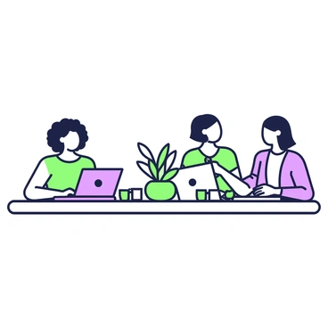A small team of diverse women is collaborating around a rectangular table. There are three women, each with distinct features and hairstyles. One woman has curly hair, wearing a bright top, typing on a laptop. Another woman, with straight hair pulled back, is taking notes with a pen while looking at a laptop in front of her. The third woman, with a bob haircut, is engaging in conversation and smiling. The table is cluttered with several laptops, each open, and a variety of coffee mugs scattered around. A potted plant sits in the center of the table, providing a touch of greenery.