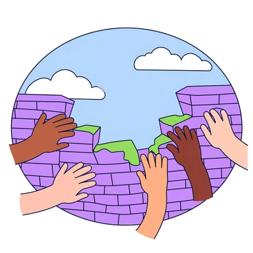 Multiple hands of different skin tones are pushing down on an old, weathered brick wall. Cracks and moss are visible in the rough surface of the wall, which is crumbling under the pressure. As the wall collapses, a bright open sky is revealed behind it, filled with fluffy white clouds and a vibrant blue hue. The hands are positioned at various angles, showing the force being exerted to break through the barrier.