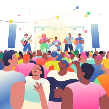 A large crowd of people is gathered, clapping and dancing at an open-air concert. The audience consists of individuals of various ages and ethnicities, some are wearing colorful summer clothing. In the foreground, a group of friends is smiling and taking selfies, while others are holding drinks. The stage is set in the background, featuring a band with musicians energetically playing guitars and drums. Bright stage lights are illuminating the performers, creating a vibrant atmosphere. Above the crowd, balloons and streamers are fluttering in the breeze.