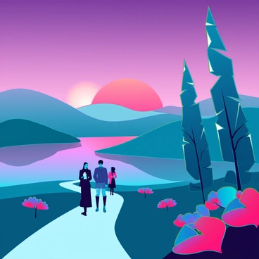 A sweeping landscape featuring rolling hills and a vibrant sunset. The sky transitions from deep purple to bright orange near the horizon, casting colorful reflections on a serene lake. Tall, geometric trees with angular shapes dot the landscape, their leaves rendered in rich, contrasting greens and blues. A winding pathway leads through the hills, flanked by stylized flowers in bold colors. In the foreground, a group of figures in elegant attire walk along the path, their silhouettes striking against the vivid backdrop.