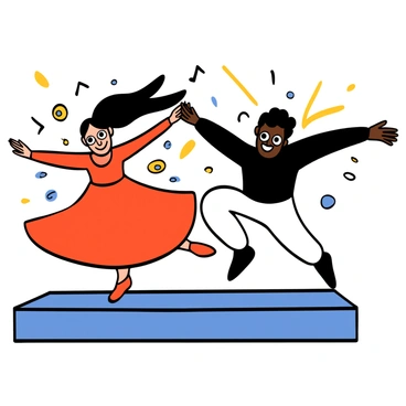 Two dancers in motion on a stage, capturing the energy of their performance. The first dancer is a light-skinned woman with big eyes and long flowing black hair, wearing a vibrant red dress that twirls as she spins. The second dancer is a dark-skinned man with big eyes and short curly hair, dressed in a black shirt and white pants, leaping into the air with outstretched arms. Dynamic lines and shapes accentuate their movements, illustrating their graceful poses and the rhythm of the dance. The background is a soft, neutral color to highlight the dancers' vibrant outfits and energetic expressions.