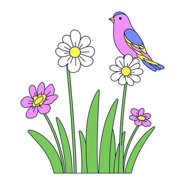 A small bird with vibrant feathers is perched on the green stem of an anemone flower. The flower has delicate white petals with a central yellow stamen. Surrounding the flower are blades of grass in various shades of green, swaying gently in the breeze. In the background, more anemones bloom in clusters, adding pops of color to the meadow. The scene captures a bright and sunny atmosphere, emphasizing the simplicity of nature.