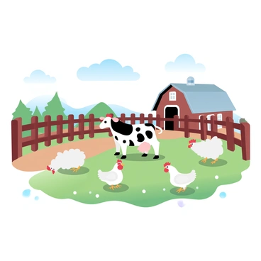 A barnyard is filled with a variety of farm animals. In the center, there is a cow with black and white spots standing calmly. Surrounding the cow are chickens pecking at the ground and a few sheep grazing nearby. A wooden fence encloses the area, and a rustic barn is visible in the background. The scene is accentuated by vibrant green grass and a clear sky above.