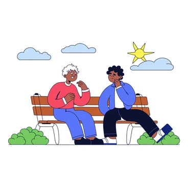 Two friends are sitting on a wooden park bench surrounded by green grass and small trees. One friend is wearing a red shirt and appears thoughtful, gesturing with one hand as if giving advice. The other friend is wearing a blue shirt and has a look of contemplation, with a glowing light hovering above their head, symbolizing intuition. The background features a clear sky with a few fluffy clouds, adding to the serene atmosphere of the park.
