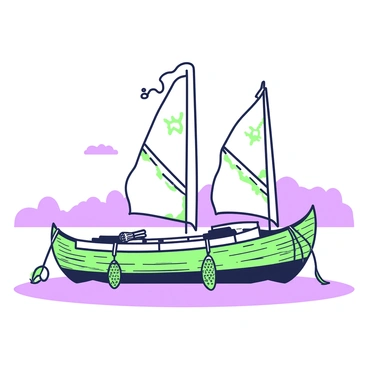 An ancient fishing barge is anchored on a calm body of water. The barge has a wooden hull with a weathered texture, showcasing its age. It features traditional sails that are unfurled, catching the wind, and they are tied securely to a tall mast. The sails have intricate patterns and are slightly billowed. Alongside the barge, fishing nets are draped over the sides, glistening with droplets of water. A collection of wooden oars is neatly arranged along the deck. In the background, there are silhouettes of distant hills under a clear sky, enhancing the historical ambiance of the scene.
