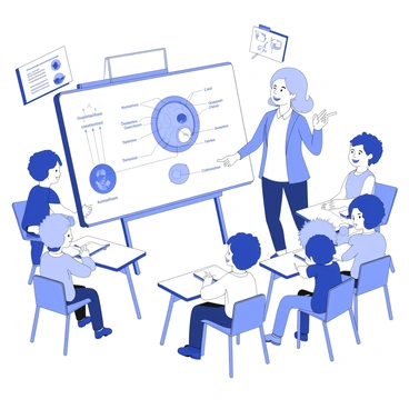 A classroom scene featuring children gathered around a large chart displaying an illustration of an animal cell. The chart includes clearly labeled parts such as the nucleus, cell membrane, cytoplasm, and mitochondria. Some children are pointing at different sections of the chart, while others are taking notes in their notebooks. The room has educational posters on the walls, and a teacher is guiding the children’s discussion, standing nearby with a smile. Desks are arranged in a semi-circle around the chart, creating an inviting learning environment.