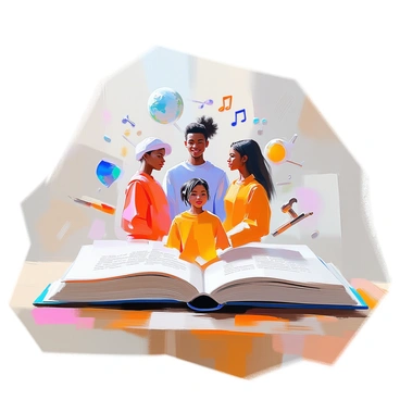 An open book resting on a wooden table, its pages slightly curled at the edges. From the center of the book, various characters are emerging, depicted as vibrant figures that exemplify diverse identities. Each character has distinct features, clothing, and expressions, conveying their unique stories. Surrounding the characters, small symbols and elements representing their identities float outward, such as a globe, musical notes, and tools, creating a sense of movement and interaction. The background is softly blurred to emphasize the book and its emerging figures.