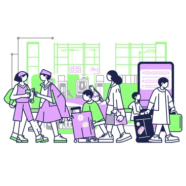 A busy train station filled with passengers bustling about. Several travelers are moving through the space, each carrying pieces of luggage adorned with distinct “rainbow stickers.” In the foreground, a family stands together, with two children pulling their suitcases, one of which has a large “rainbow sticker” prominently displayed. Nearby, a woman is checking the schedule on a digital board, while a man is sitting on a bench, holding a cup of coffee. The station features tall windows that allow natural light to stream in, illuminating the scene. In the background, the train tracks are visible, and a train can be seen arriving.