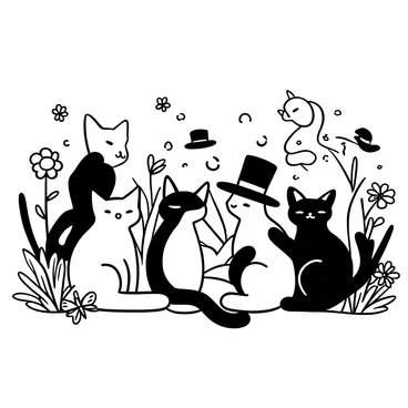 A group of cats sitting together in a garden filled with lush plants and flowers. Each cat is wearing a different whimsical hat, such as a top hat, a bowler hat, a wizard's hat, and a sunhat. The cats are diverse in breeds and sizes, some are fluffy while others are sleek. Sunlight casts gentle shadows on the ground, and there are butterflies fluttering around the flowers nearby.