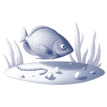 A fish swimming gracefully near the seabed. The fish has vibrant scales that reflect the ambient light, creating intricate patterns as it moves. Surrounding the fish, a scattered array of pearls lies on the sandy ocean floor. The pearls glisten softly, their smooth surfaces contrasting with the rough texture of the seabed. The aquatic environment is filled with delicate seaweed gently swaying with the currents, adding depth to the underwater scene. The fish approaches the string of pearls, its eyes wide with curiosity as it examines this unexpected treasure.