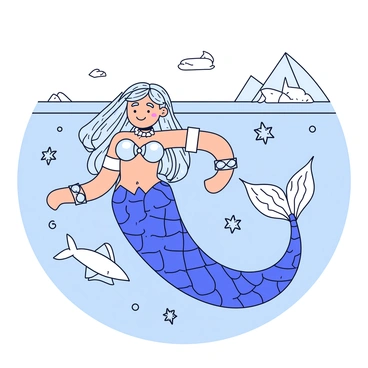 A merfolk with shimmering scales in shades of blue and white swims gracefully through arctic waters. The merfolk has long flowing hair that resembles strands of ice, and their tail is adorned with intricate patterns mimicking the shapes of icebergs. They wear ice crystal accessories, including a necklace and bracelets that sparkle as they catch the light. Surrounding the merfolk are delicate snowflakes gently drifting in the water, and small schools of fish swim nearby, adding to the scene's richness. The background features floating pieces of ice and a faint silhouette of a distant glacier.