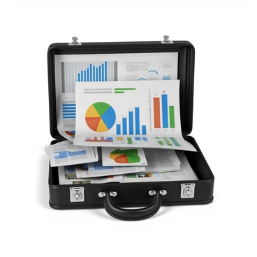 A 3D open briefcase with various financial graphs and documents emerging from it