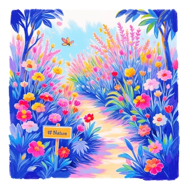 A lush garden where plants bloom into colorful digital illustrations and hashtags